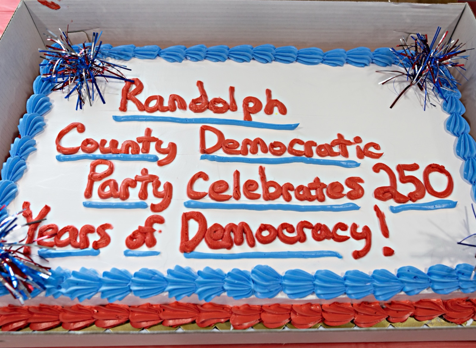 The Democracy Dinner cake reading 250 Years of Democracy