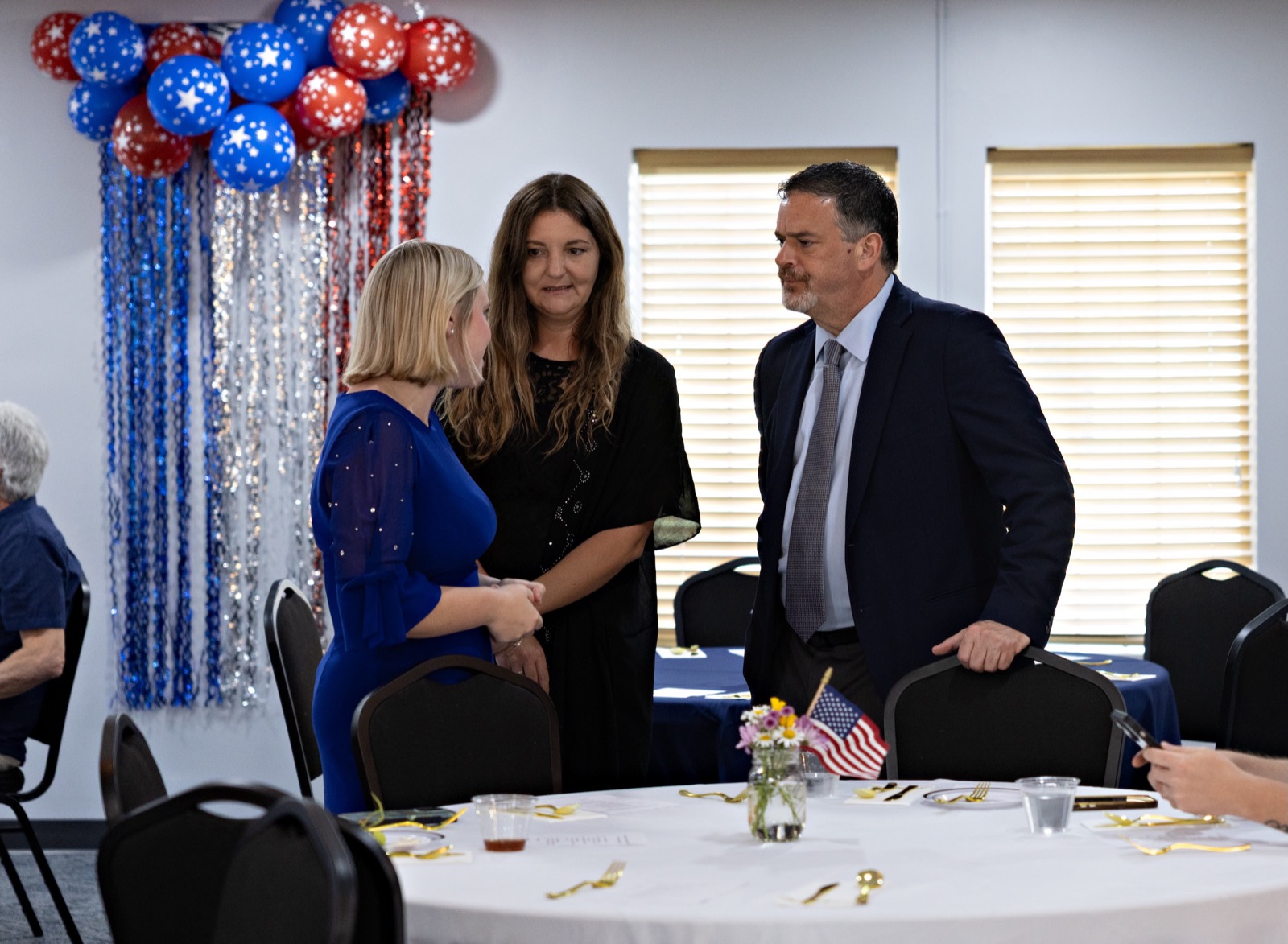 A red, white, and blue decorated table