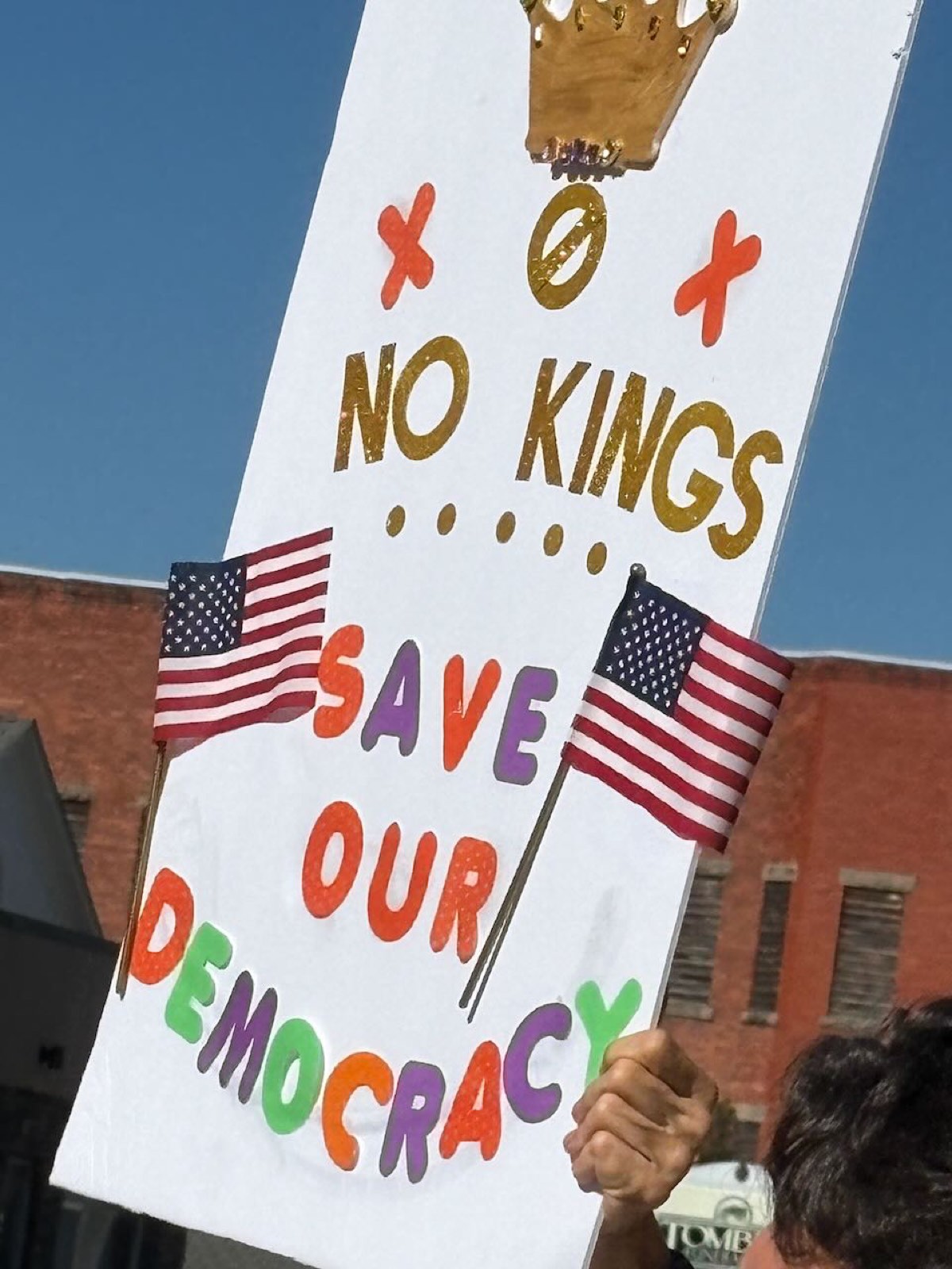 A handmade No Kings, Save Our Democracy sign